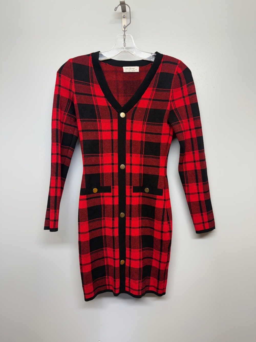 Love Always Red and Black Plaid Midi Dress with V-Neck Trim